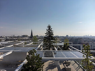 View over Vienna with the roof terrace of Ikea Westbahnhof.