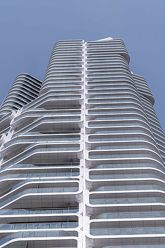 Façade of the tallest residential tower block in Germany, the Grand Tower in Frankfurt.