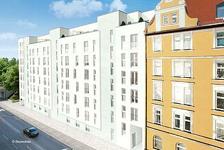 Street view of the façade of the Tassiloplatz residential neighbourhood in Munich.