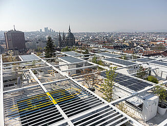 Aerial view of IKEA Westbahnhof in Vienna with roof terrace.