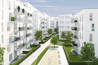 Green inner courtyard of the Tassiloplatz residential neighbourhood in Munich.
