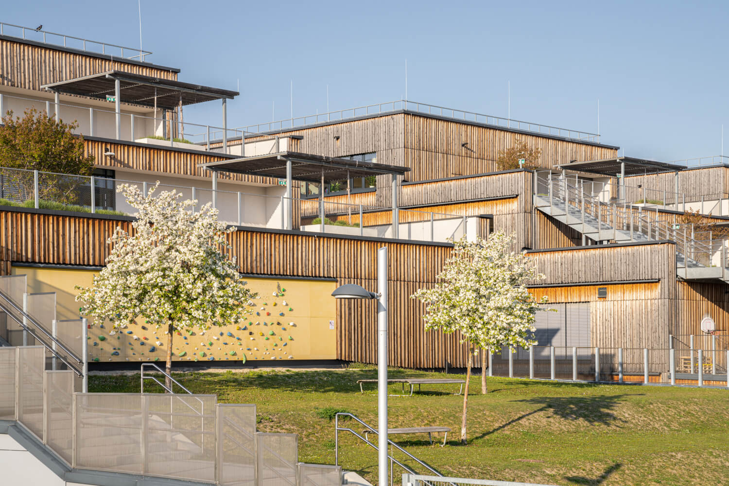 Exterior view with wooden façade, a climbing wall and stairs leading to the terraces of the educational campus in Vienna.